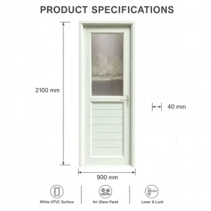 Energy-Efficient UPVC Swing Door with Etched Forest Art Glass, White Painted Finish, Lever Handle Lock, Mosquito Screen Option, Custom Color