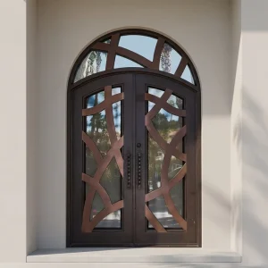 European Arched Galvanized Wrought Iron Double Entry Door with Glass Anti-Rust Corrosion