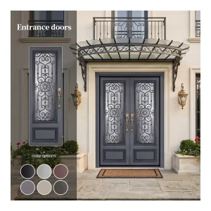European Cast Aluminum Entrance Door with Carved Art Glass, Dark Grey, for Courtyard
