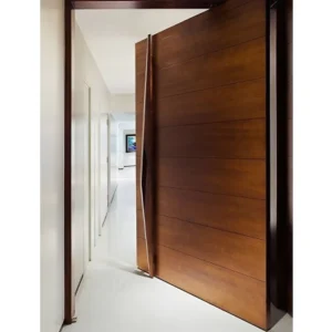 European Modern Solid Wood Grain Pivot Front Door with Long Iron Handle for Villa Entrance