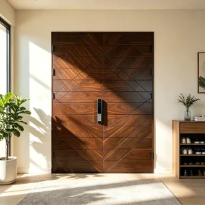 European Modern Soundproof Walnut Double Leaf Front Door Composite Solid Wood Entrance Door
