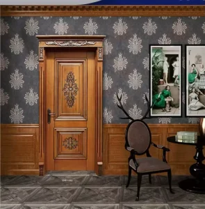European Style Carved Wooden Entrance Door, Customized, Walnut Brown for Villa Bedroom