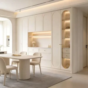 European Style White Solid Oak Dining Room Sideboard with Glass Doors Extendable Adjustable Design