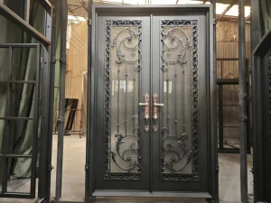 Exterior Double Swing Door with Glass, Wrought Iron, and Craftsman Arched Design
