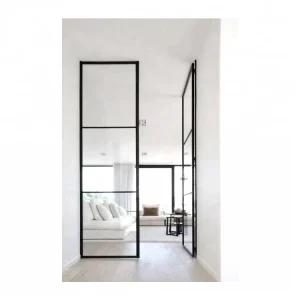 Exterior Double Swing Door with Narrow Aluminum Frame, Steel Grid, Push-Pull Entry Design
