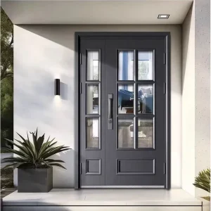 Exterior Entrance Front Main Gate Residential Steel Security Unequal Double Door with Tempered Glass