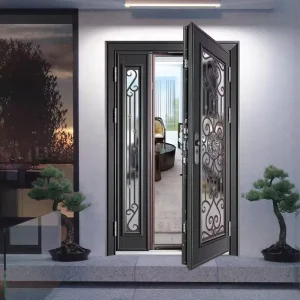 Exterior Steel Security Unequal Double Door with Tempered Glass