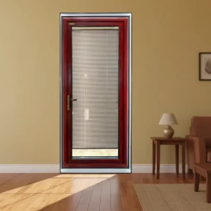 FEM50 Red Wood-Grain Aluminum Glass Door with Single Outward Opening and Internal Shutter for Living Rooms, Offices, and Cafes