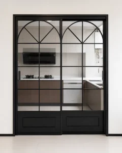 Factory Custom Black Aluminum French Grid Sliding Door Kitchen Dining Glass Partition Door