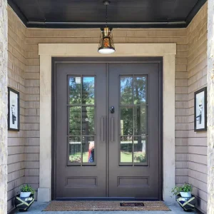Factory Main Entrance Exterior Anti-Theft Double Solid Wood Glass Door with Fiberglass Screen