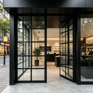 Factory Supply Matte Black Slim Border Aluminum Double Swing Floor-Height Glass Interior Door for Retail Store