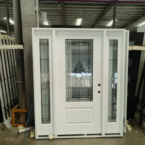Fiberglass 3-Piece Front Entry Door Brushed Recessed Panel 2-Lite-2 Patina Decorative Glass Exterior Door