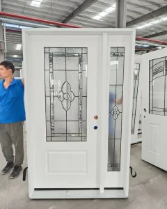 Fiberglass Double Active and Sidelite Front Entry Door Panel Decorative Leaded Glass Exterior Security Door