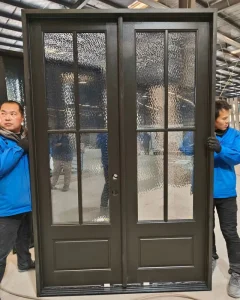 Fiberglass Double Entry Door with Cross 4-Lite Dual Insulated Glass, Exterior Front Door for Villa or Residential Entrance