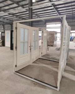 Fiberglass Double Front Entry Door Unit Brushed Recessed Panel 2-Lite-2 Inner and Outer Cross 4-Lite Exterior Door
