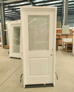 Fiberglass Entry Door Built-in Blinds Low-E Glass Silver Aluminum Frame Exterior Security Door