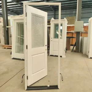 Fiberglass Front Entry Door 2-Lite Panel Built-in Blinds Low-E Glass Silver Aluminum Frame Exterior Door