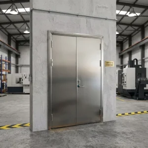 Fire Resistant Galvanized Steel Industrial Door with Glass Window and Door Closer