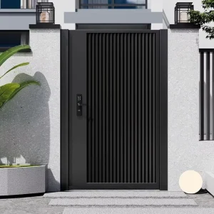 Fluted Cast Aluminum and Wood Security Front Door with Smart Lock, Custom Swing Entry for Villas
