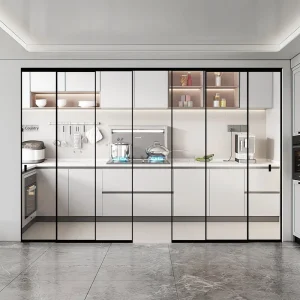 Foldable Three-Link Ultra-Narrow Glass Sliding Door with Invisible Partition for Kitchen or Veranda