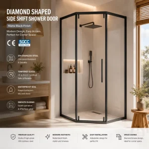 Framed Diamond Corner Sliding Shower Door Tempered Glass Space-Saving Track Chrome Hardware