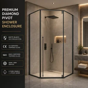 Framed Diamond Pivot Shower Door with Two Fixed Panels and Glass Enclosure for Hotels and Apartments