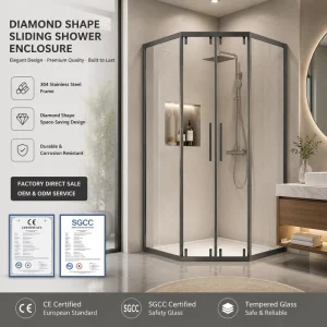 Framed Diamond Shape Shower Enclosure with 2 Fixed Panels and 2 Sliding Glass Doors