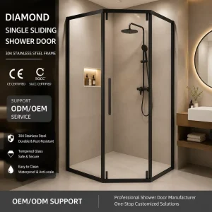 Framed Diamond Shape Single-Sided Sliding Shower Door for Hotel/Apartment Use Easy Install Modern Bathroom Solution