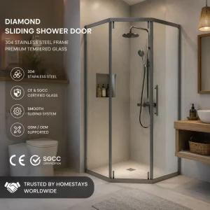 Framed Diamond-Shape Single Sliding Shower Door Stainless Steel Frame Tempered Glass for Commercial Bathroom Renovation
