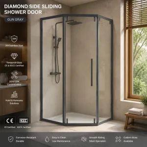 Framed Diamond-Shaped Glass Sliding Shower Door Stainless Steel Hardware Smooth Side Opening