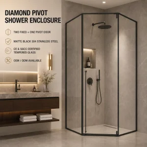 Framed Diamond-Shaped Shower Door with Two Fixed Panels and Pivot Opening