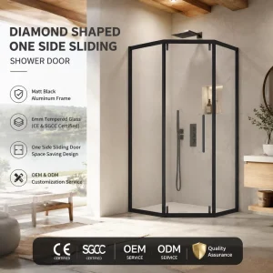 Framed Diamond-Shaped Single Sliding Shower Door and Tempered Glass Modern Bathroom Enclosure with Easy Clean Track Design