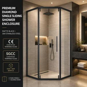 Framed Diamond-Shaped Single Sliding Shower Door for Hotel Villa Commercial Bathroom Renovation Projects