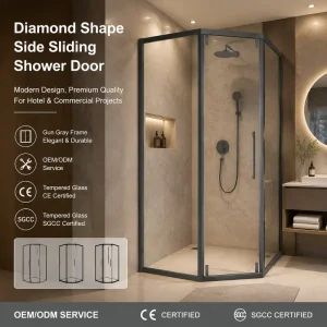 Framed Diamond-Shaped Single Sliding Shower Door with Tempered Glass Modern Bathroom Use Easy Clean & Waterproof