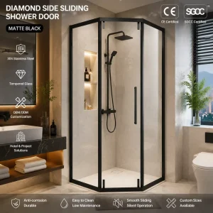 Framed Diamond-Shaped Stainless Steel Sliding Shower Door 8mm Tempered Glass Bathroom Hotel