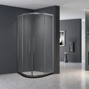 Framed Hinged Shower Door with Soft-Closing Black Grid Coated Glass