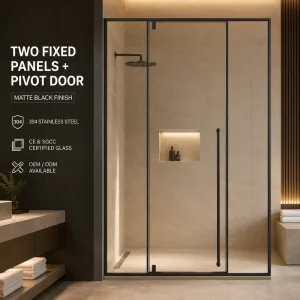 Framed Inline Shower Door with Two Fixed Panels and One Pivot Door for Commercial Bathrooms