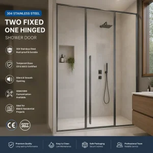 Framed Inline Shower Door with Two Fixed Panels and Single Pivot Hinge Design