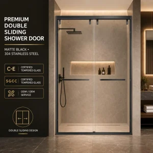 Framed Linear Double Sliding Shower Door System Tempered Glass Panels Commercial Bathroom