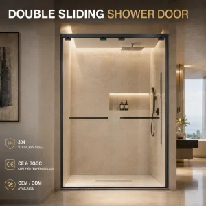 Framed Linear Double Sliding Shower Door with Tracks and Easy-Clean Glass for Modern Bathroom Partitions