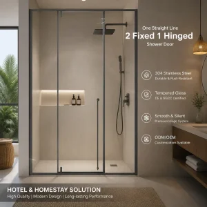 Framed Linear Shower Door with Two Fixed Panels and One Pivot Axis for Commercial Bathrooms