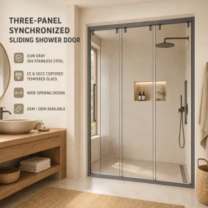 Framed Linear Three-Panel Sliding Shower Door System for Commercial Bathroom Renovation Projects Supply