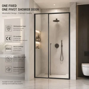 Framed Pivot Shower Door Full Enclosure with Single Fixed Panel and Tempered Glass