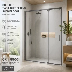 Framed Sliding Shower Door One Fixed Two Linked Panels Aluminum Alloy Stainless Steel Frame Glass