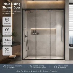 Framed Stainless Steel 8mm Glass One-Line Triple Sliding Shower Door System for Commercial Bathrooms