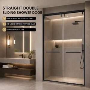 Framed Straight Sliding Shower Door System Dual Rollers Tempered Glass Panels Commercial Bathroom