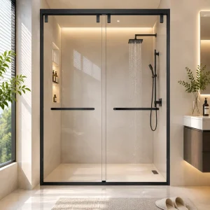 Framed Straight Sliding Shower Door System with Dual Smooth Rollers and Glass Panels for Commercial Bathrooms