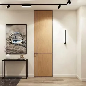 Frameless Flush-Wall Interior Wood Door with Aluminum Frame and Hidden Jamb for Hotel, Apartment, or Villa