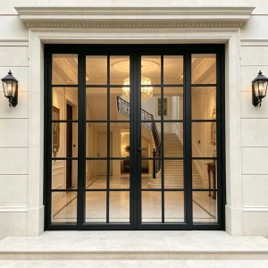 French Aluminum Alloy Glass Swing Entry Door with Black Frame, Waterproof, Soundproof, and Heat Insulated for Hotels and Villas