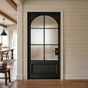 French Arched Glass Swing Door with Retro Brass Handle and Water Wave Tempered Glass for Dining Room Pantry
